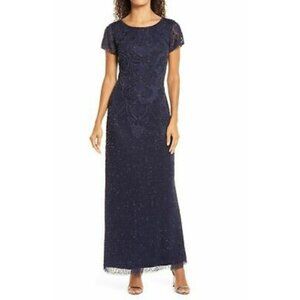 New Pisarro Nights Women Navy Blue Beaded Mesh Longline Short Sleeve Gown Size 2